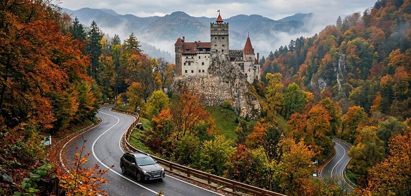 Bran Castle in Romania surrounded by the Carpathian Mountains on an autumn day