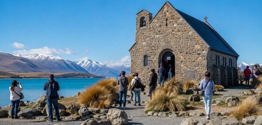 Church of the Good Shepherd in New Zealand with people around