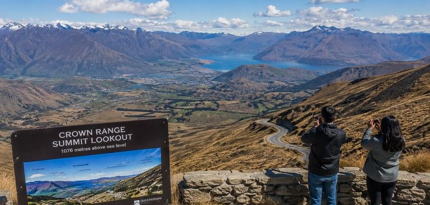 Crown Range Summit showing great view of the valley toward Queenstown and Lake Wakatipu
