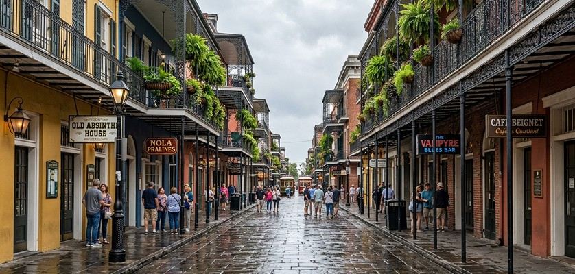 Historic French Quarter in New Orleans at night with atmospheric streets and old buildings