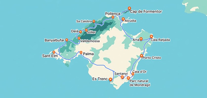5-day Mallorca road trip route map from Palma through the island