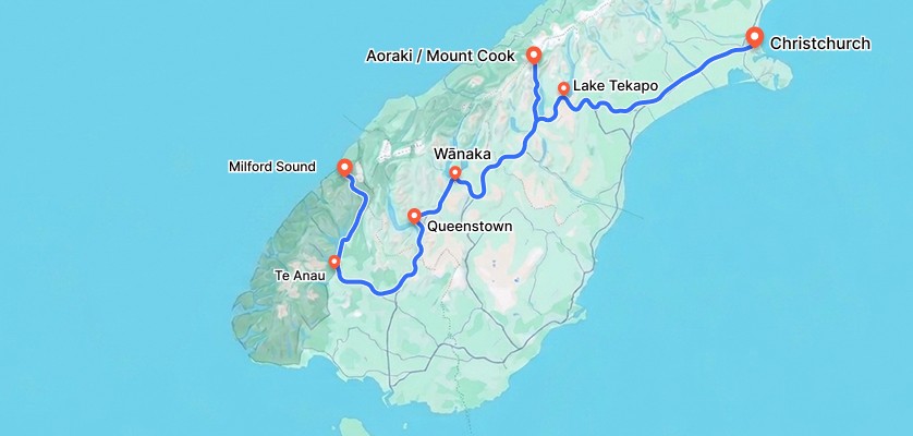 Map of South Island New Zealand road trip