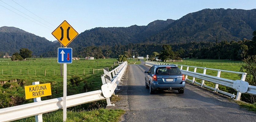 A one lane bridge in New Zealand