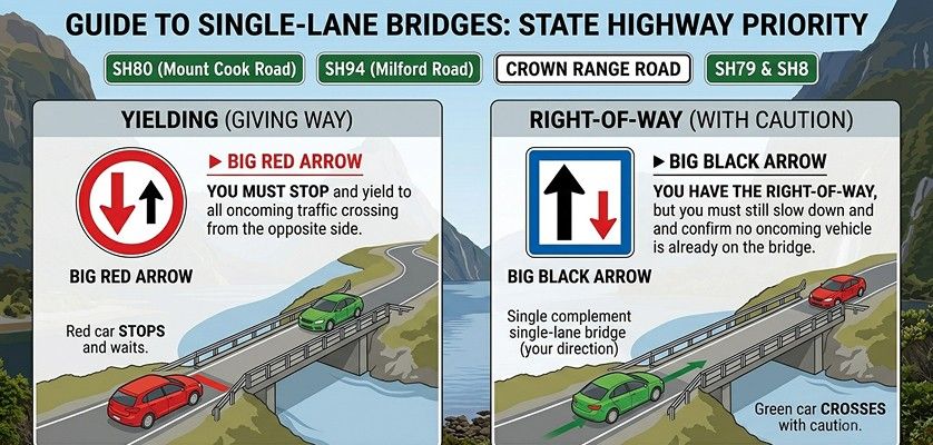 Infographic explaining New Zealand single-lane bridge priority signs: big red arrow means yield to oncoming traffic; big black arrow means you have the right-of-way